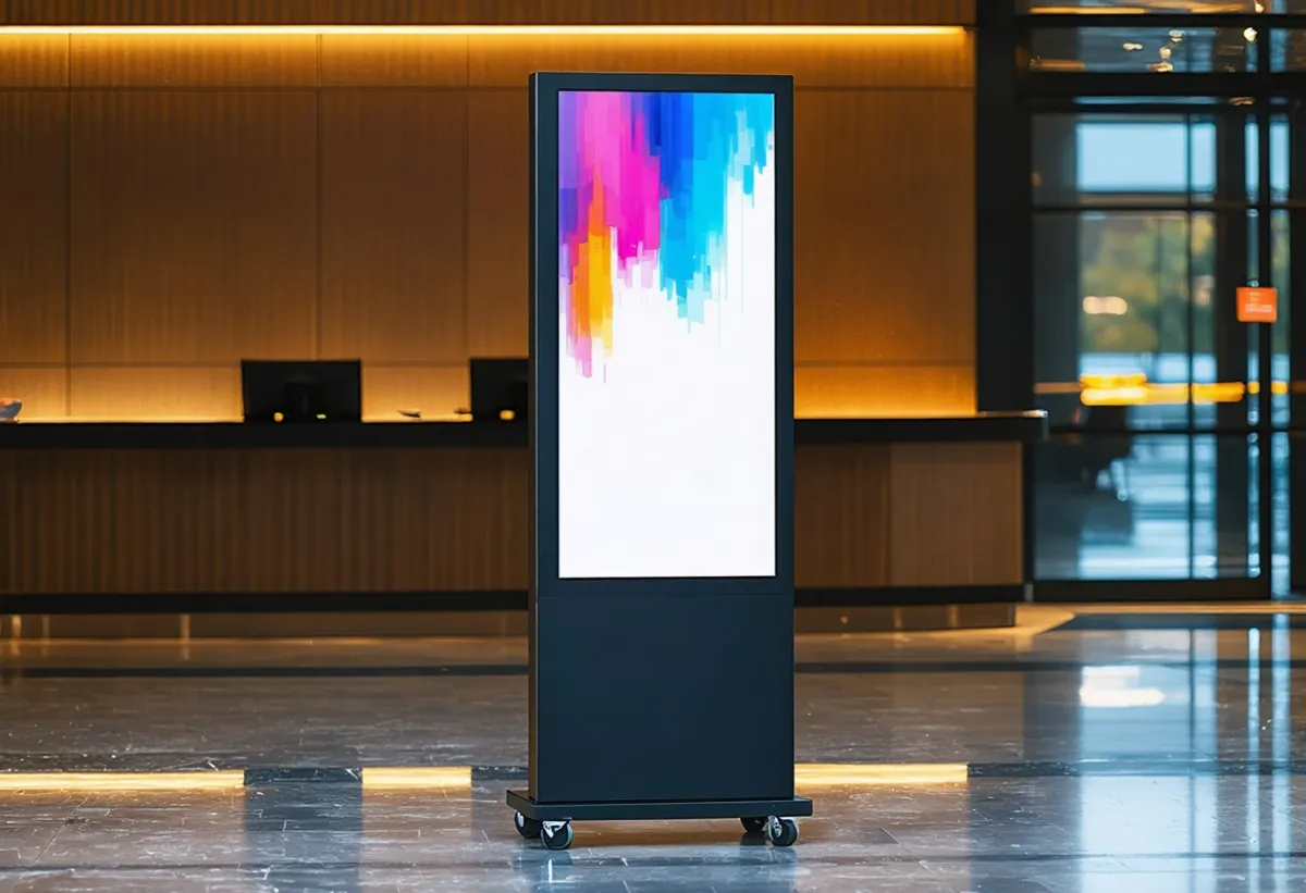 Vertical LED totem screen in a conference lobby near a registration desk (AI-generated illustration)