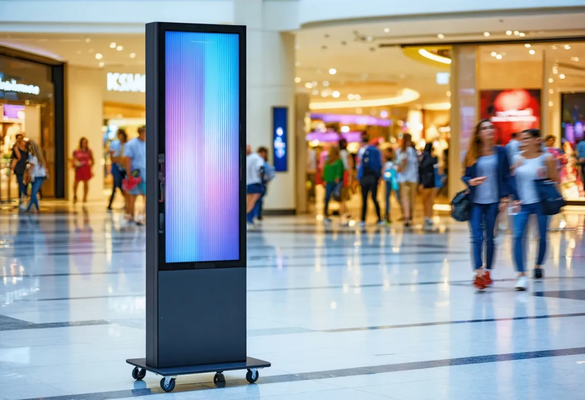 Vertical LED totem screen in a shopping mall concourse (AI-generated illustration)
